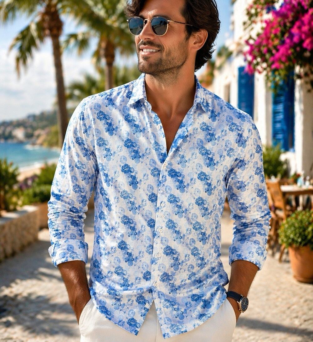 Kurt River Shirt Mens Large White Hawaiian Blue Button Up Roses Floral Print NWT